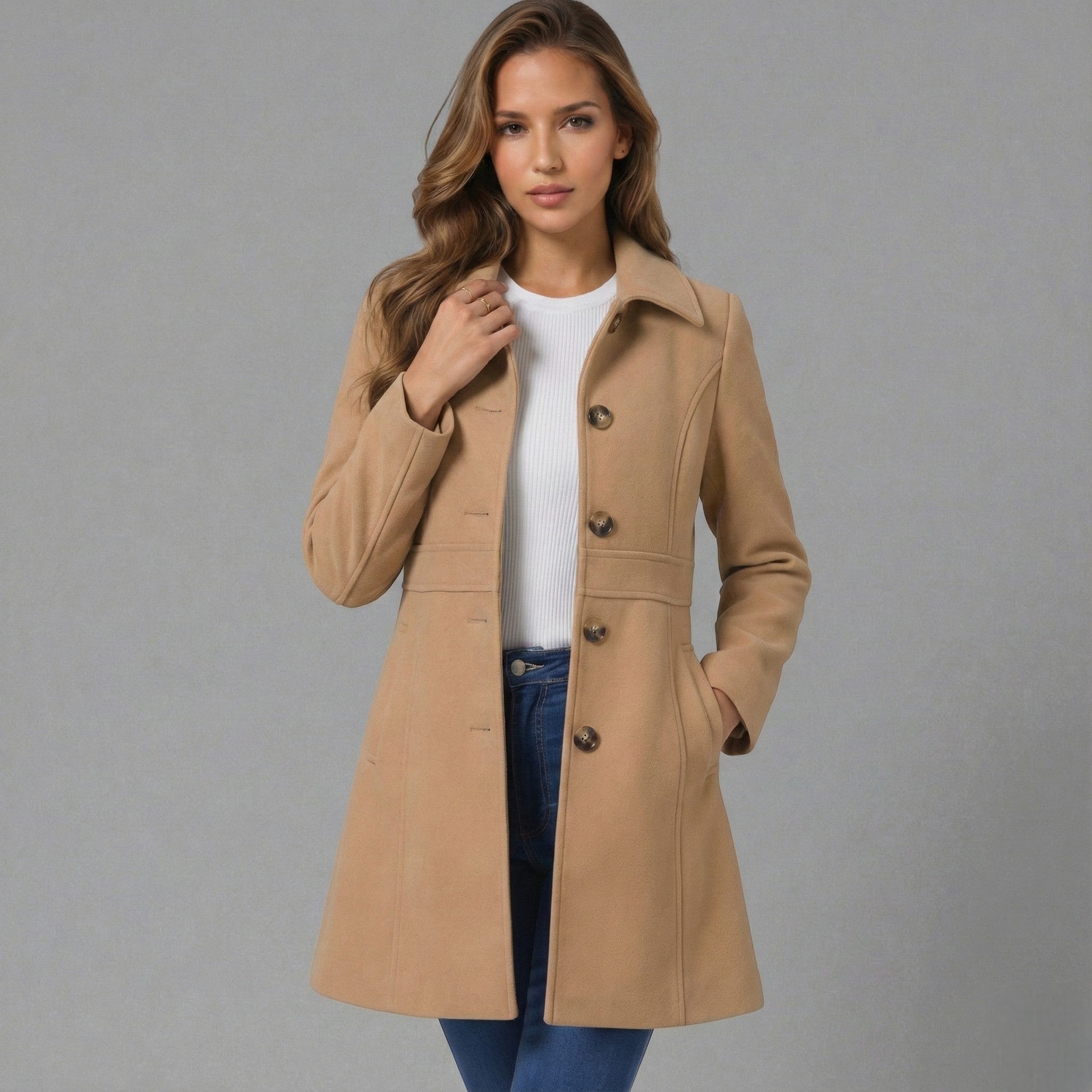 Elegant A-line women's coat with button fastening – Josephine