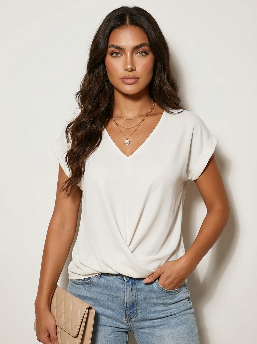 Elegante V-hals top met gedrapeerd detail - Mila