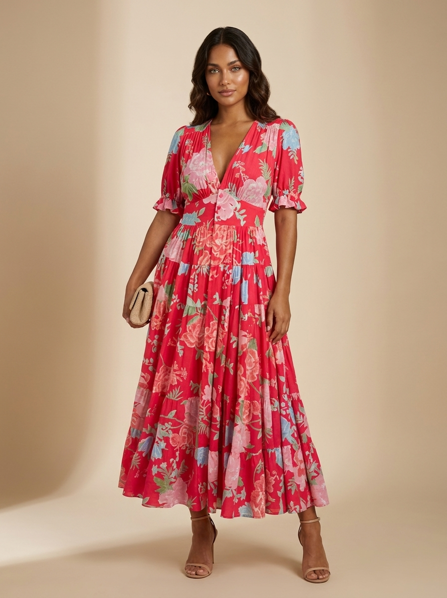 Elegante bloemen maxi jurk met V-hals - Elara