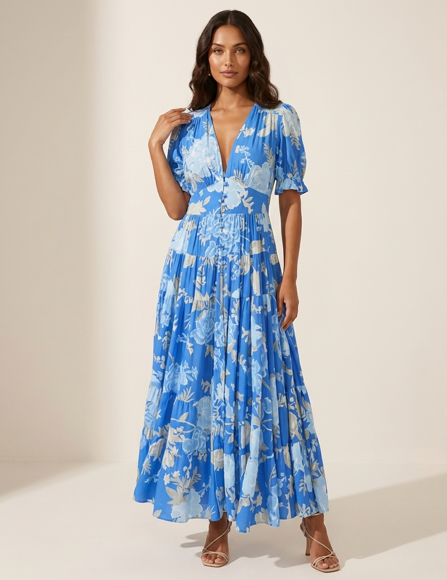 Elegant floral maxi dress with a V-neck - Elara