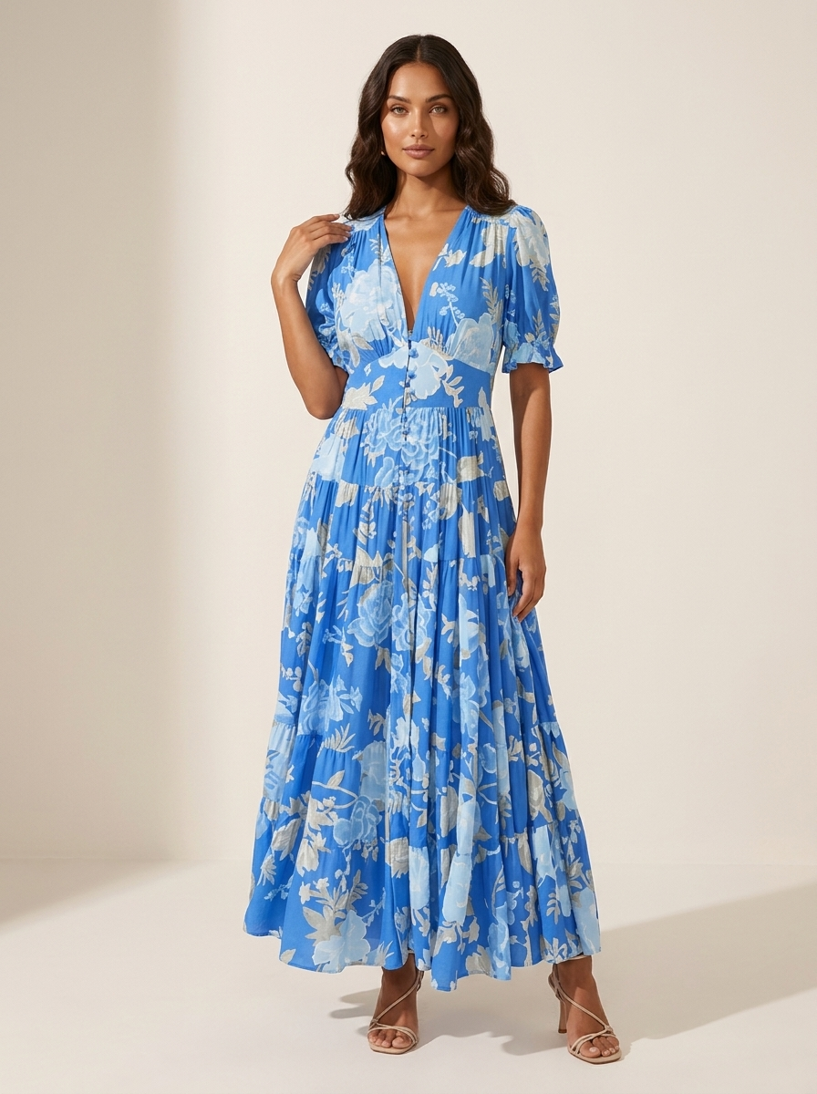 Elegante bloemen maxi jurk met V-hals - Elara