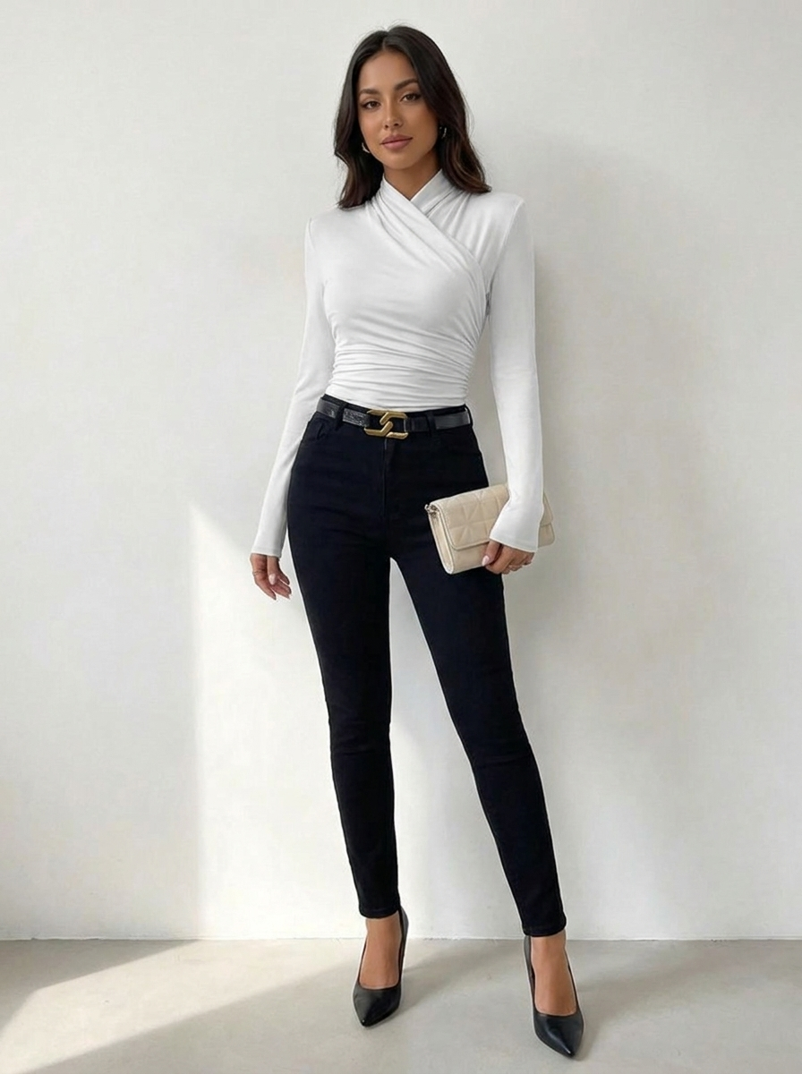 Elegante gedrapeerde top met hoge hals - Valentina
