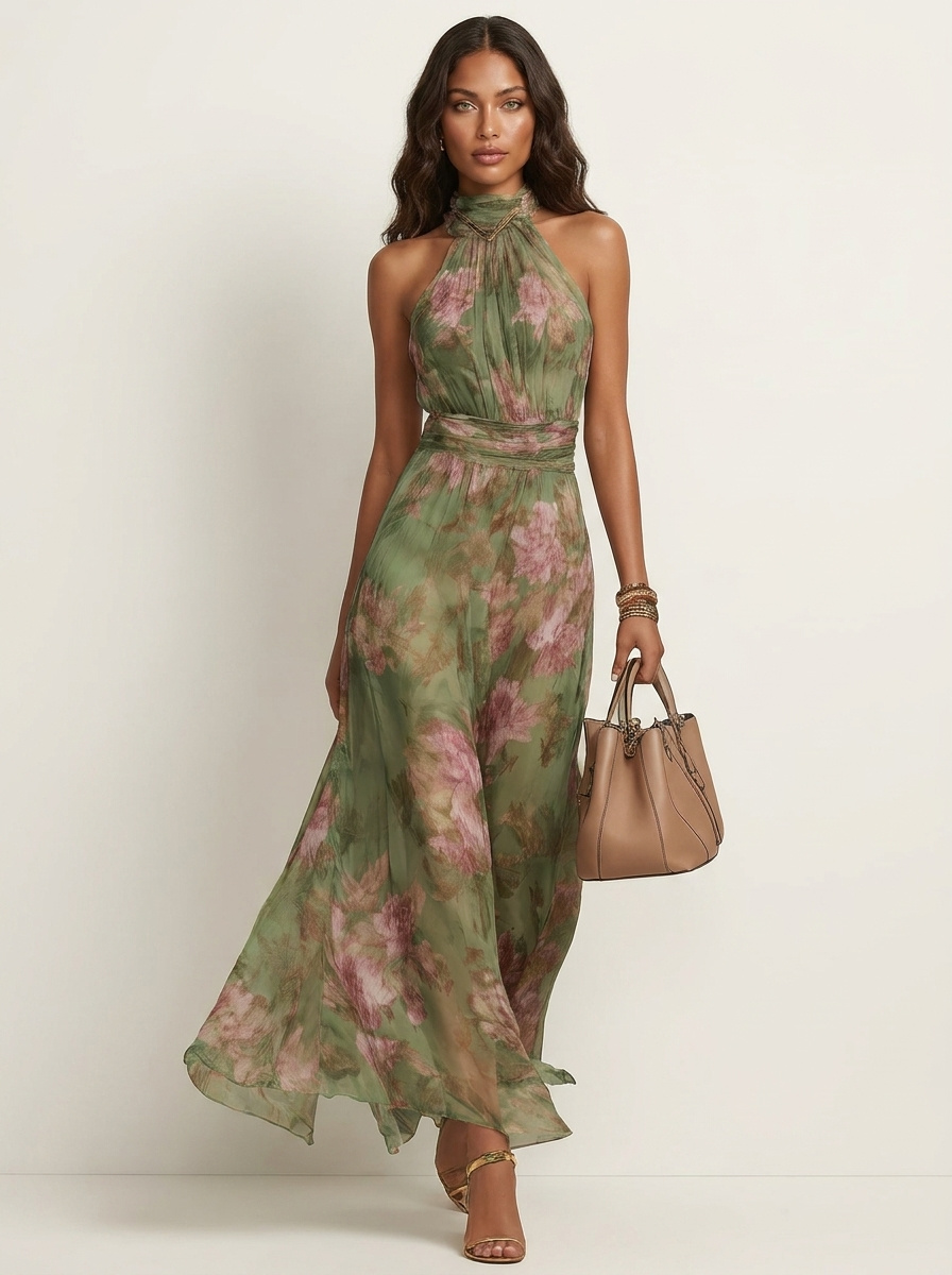 Elegante halter maxi jurk met bloemenprint - Fleur