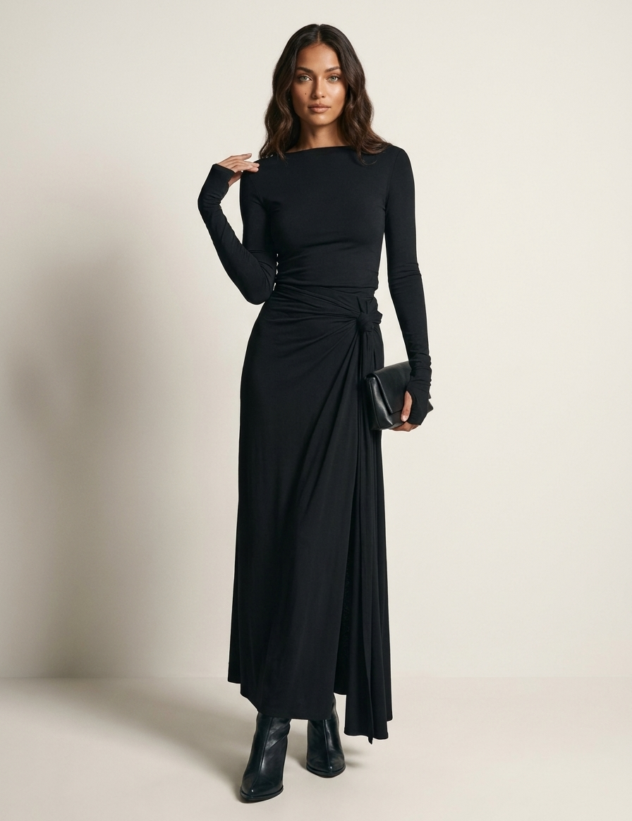 Elegant maxi dress with draping and slit - Seraphina