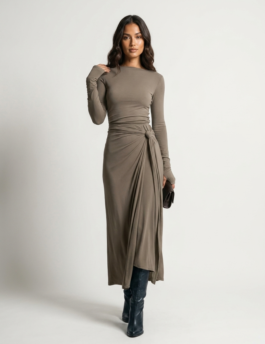 Elegant maxi dress with draping and slit - Seraphina