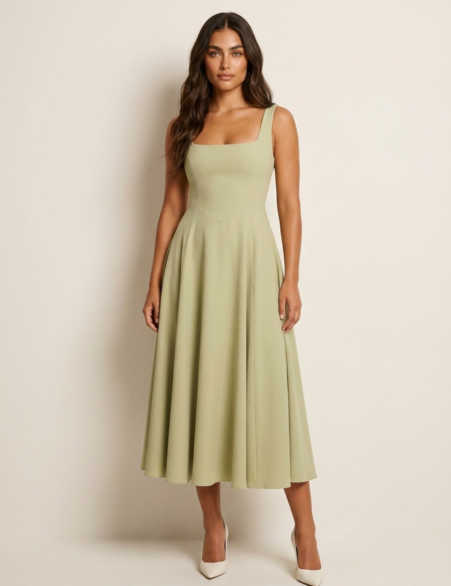 Elegant midi dress with square neckline - Amara