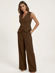 Elegante mouwloze dames set met gilet en wijde pantalon