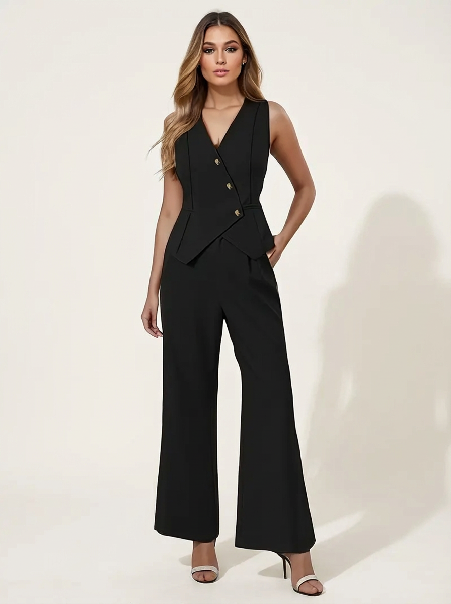 Elegante mouwloze dames set met gilet en wijde pantalon