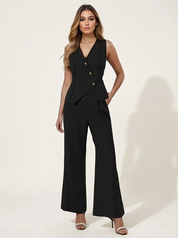 Elegante mouwloze dames set met gilet en wijde pantalon