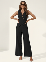 Elegante mouwloze dames set met gilet en wijde pantalon