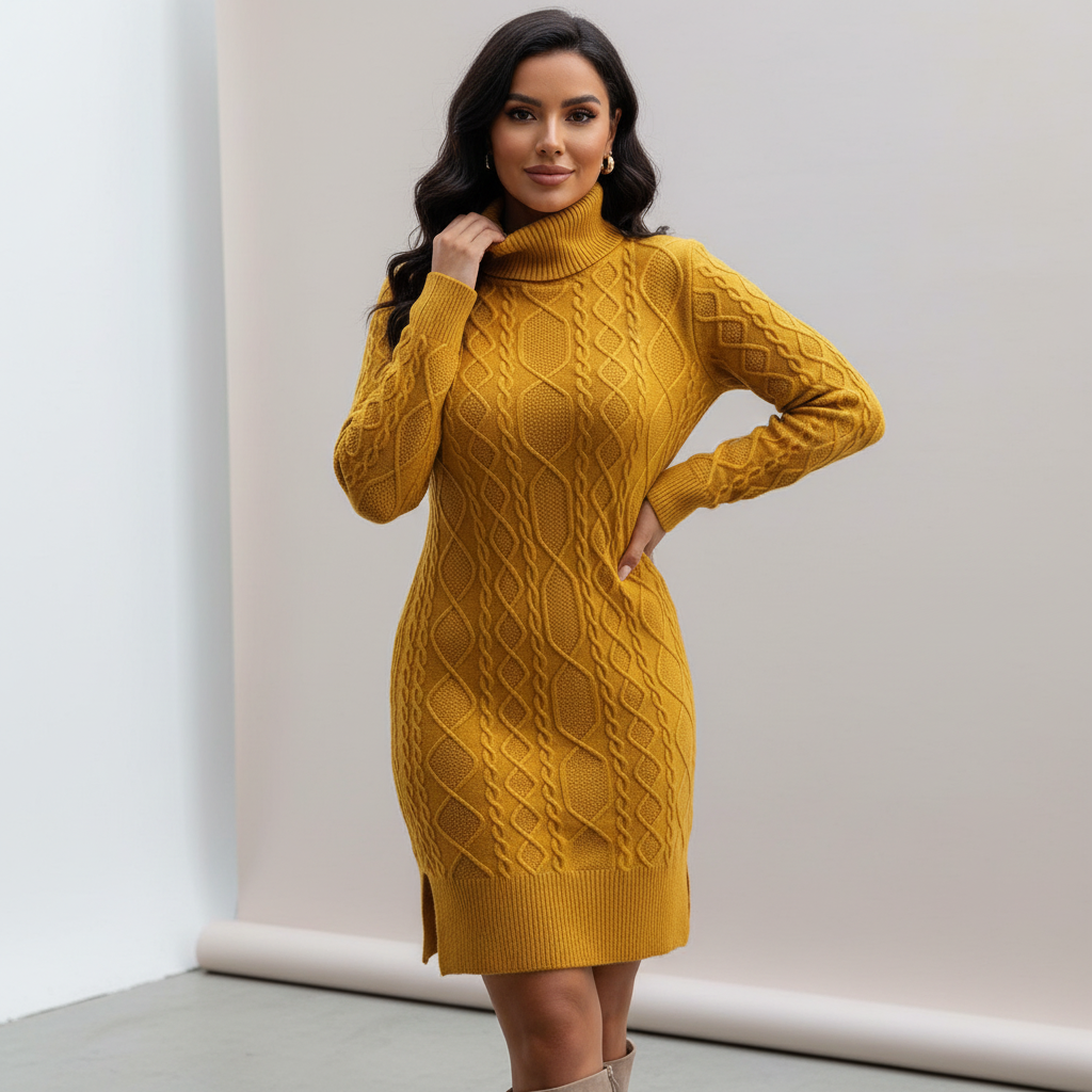 Elegante warme dames kabelgebreide coltrui jurk