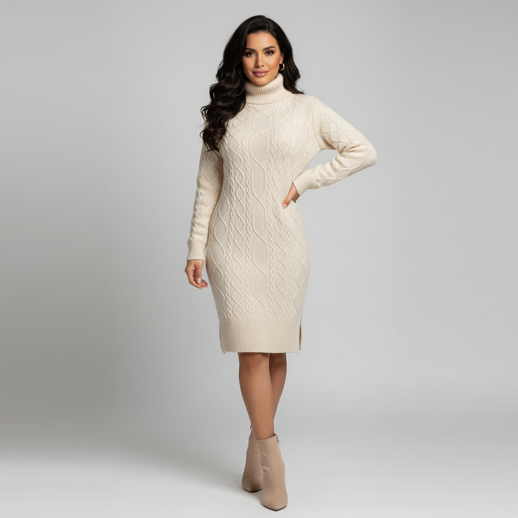 Elegante warme dames kabelgebreide coltrui jurk