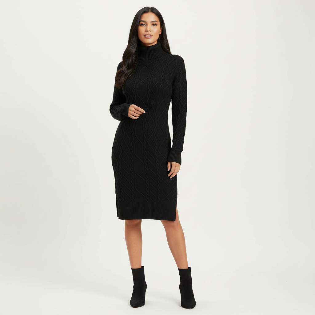 Elegante warme dames kabelgebreide coltrui jurk