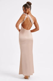 Elegante asymmetrische satijnen maxi jurk – Valentina