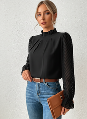 Elegante dames blouse met hoge hals en transparante mouwen - Sofie