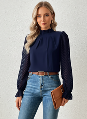 Elegante dames blouse met hoge hals en transparante mouwen - Sofie