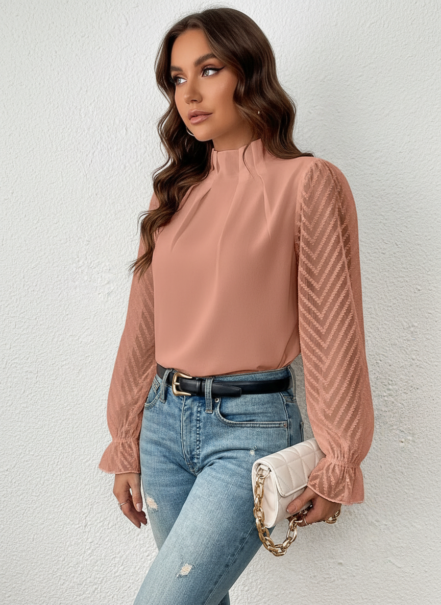 Elegante dames blouse met hoge hals en transparante mouwen - Sofie