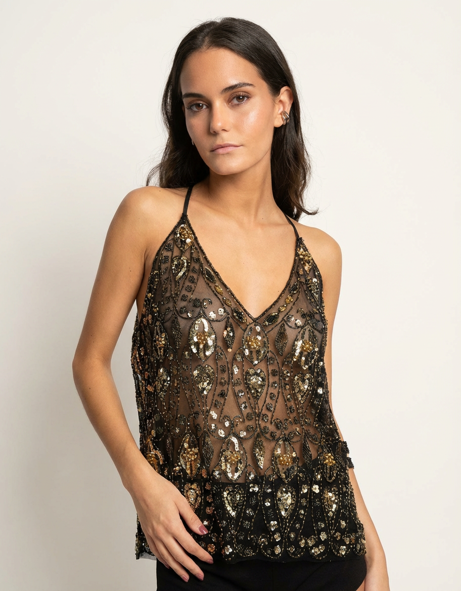 Elegante dames glitter top met luxe borduursels – Seraphina
