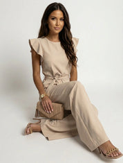 Elegante damesjumpsuit met ruffle mouwen en ceintuur