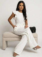 Elegante damesjumpsuit met ruffle mouwen en ceintuur
