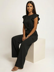 Elegante damesjumpsuit met ruffle mouwen en ceintuur