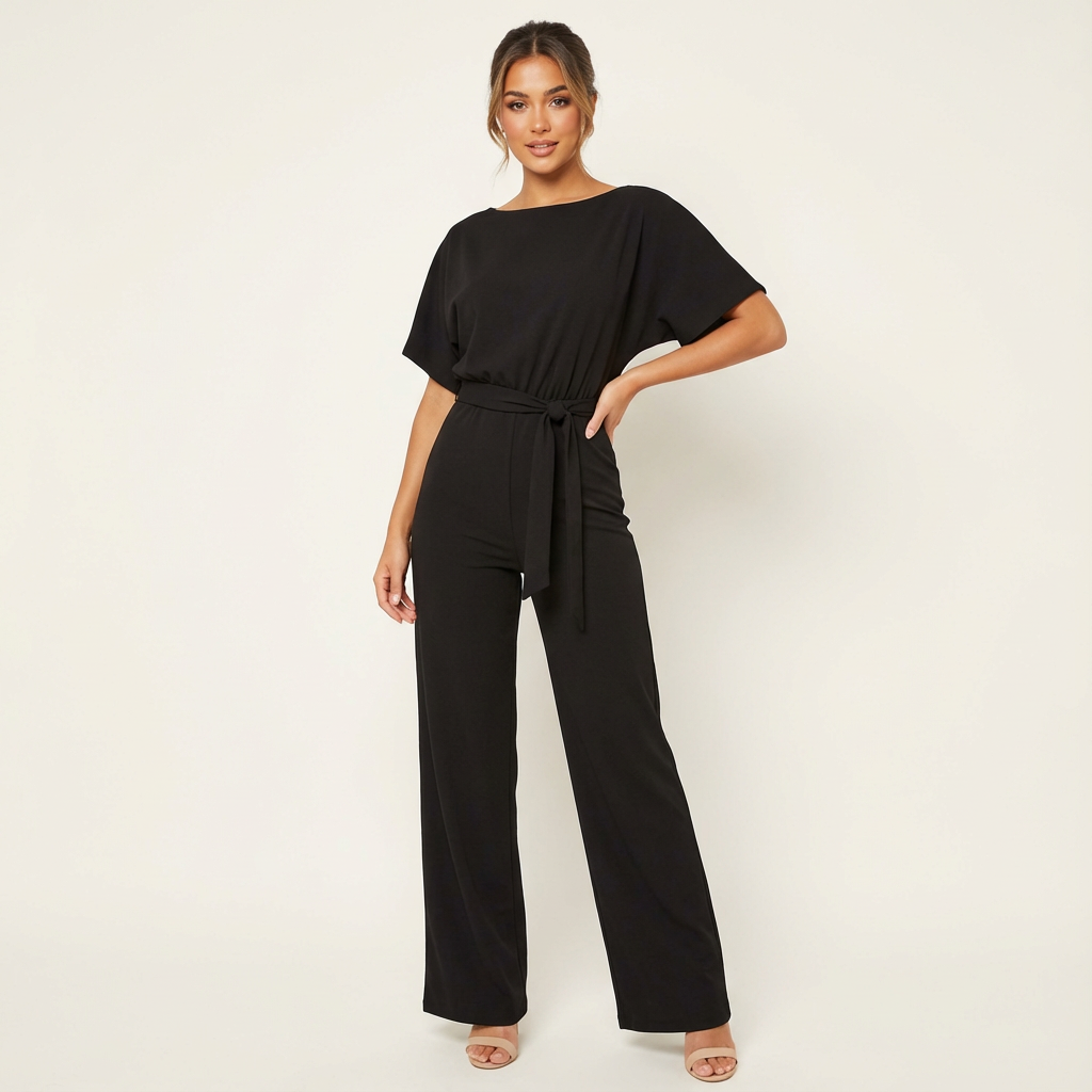 Elegant women's jumpsuit with a tie belt and wide legs