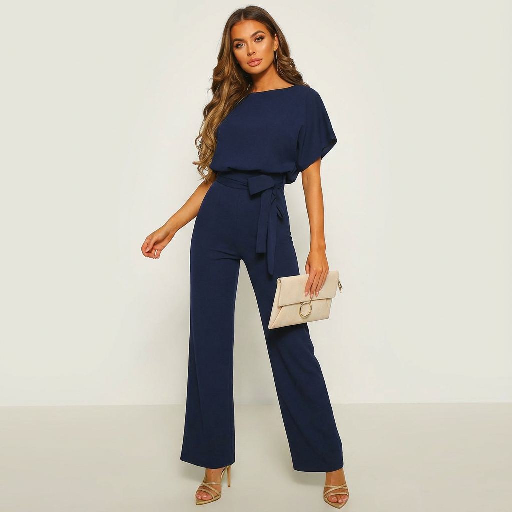 Elegante dames jumpsuit met strikceintuur en wijde pijpen