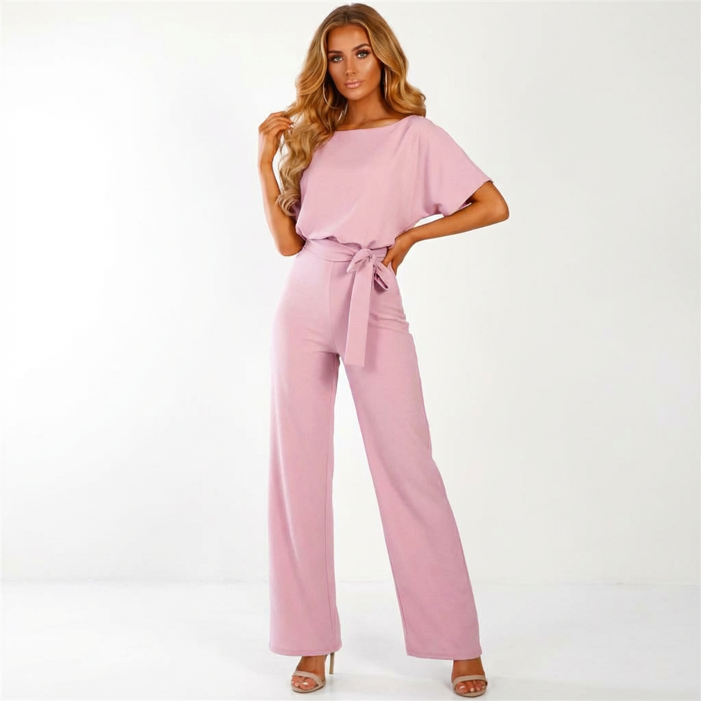 Elegant women's jumpsuit with a tie belt and wide legs