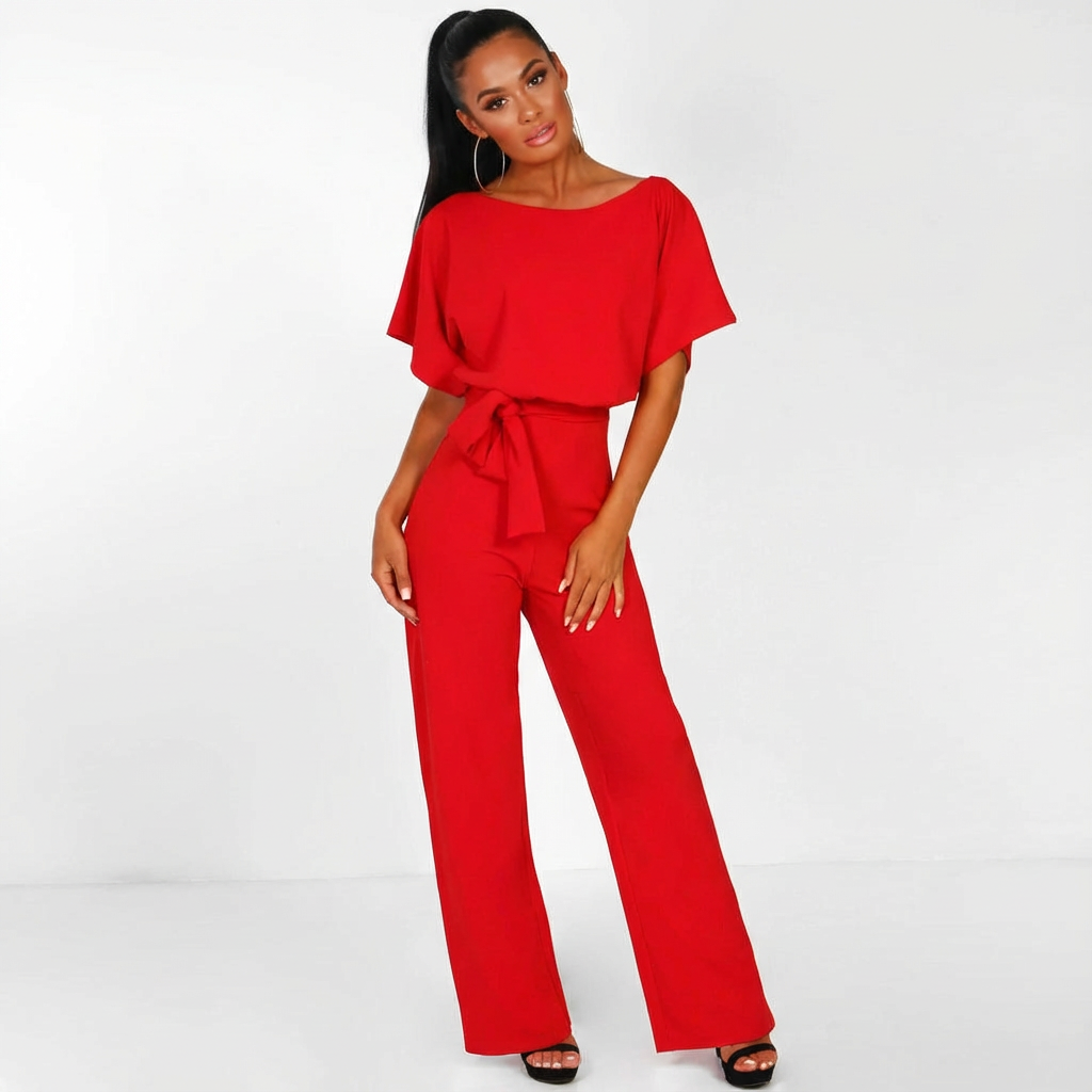 Elegant women's jumpsuit with a tie belt and wide legs