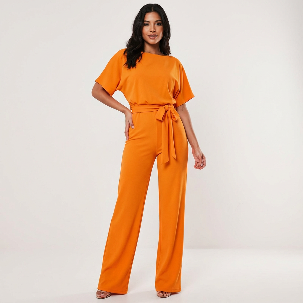 Elegant women's jumpsuit with a tie belt and wide legs