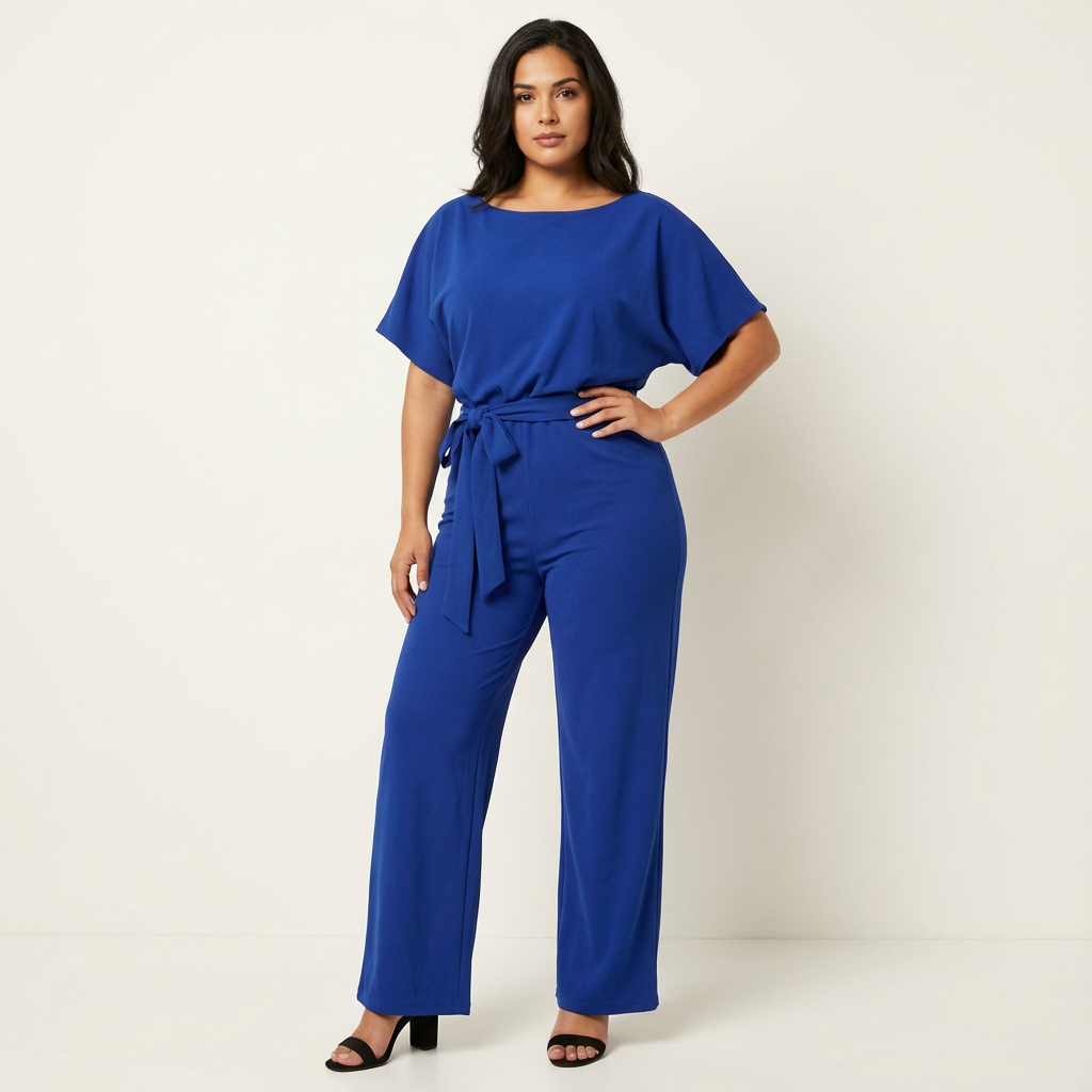 Elegant women's jumpsuit with a tie belt and wide legs
