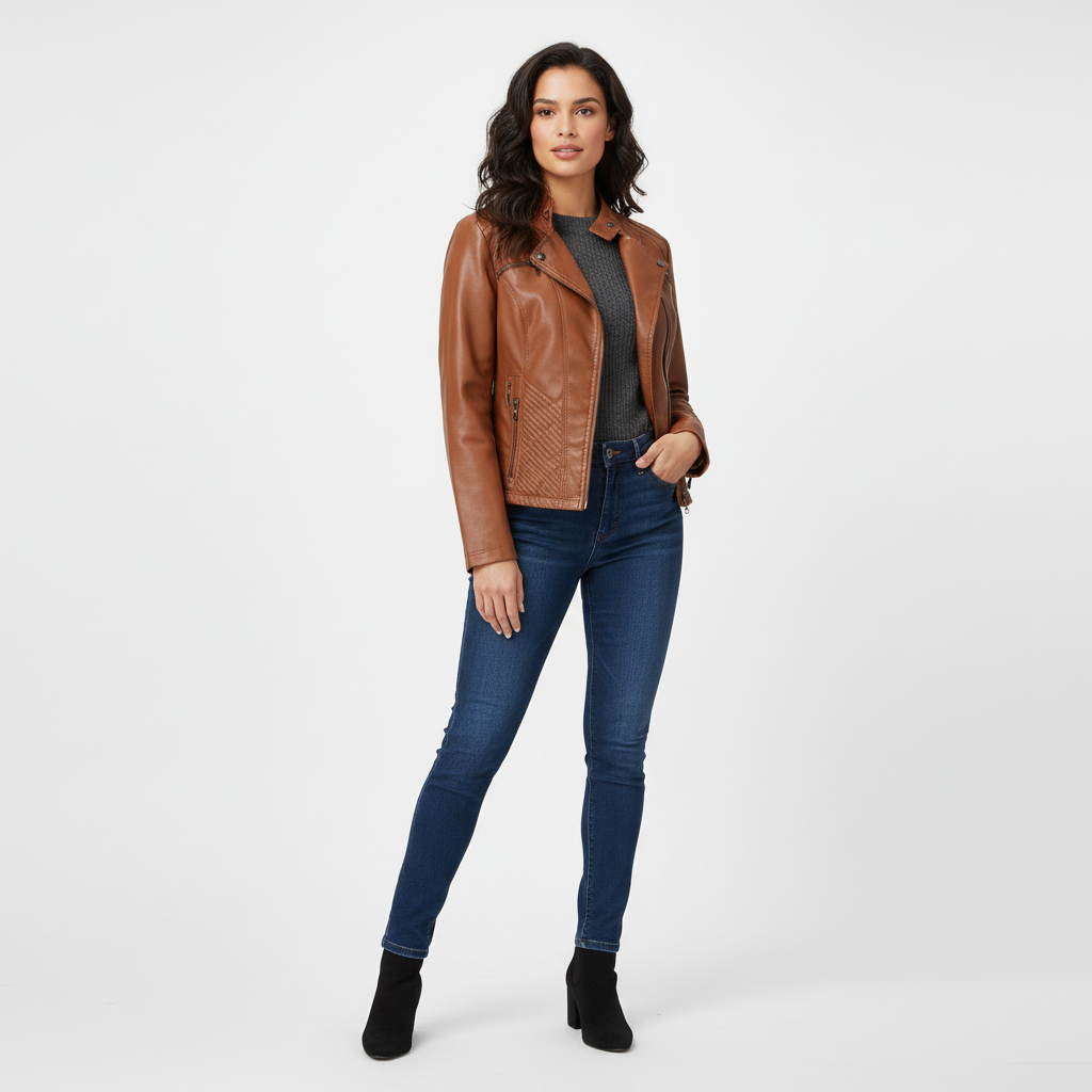 Elegant women's leather jacket with zipper details – Isaline
