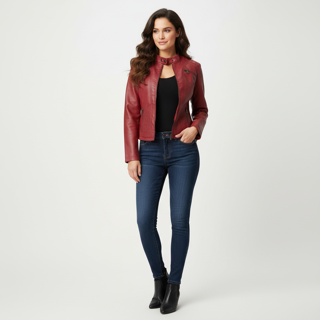Elegant women's leather jacket with zipper details – Isaline
