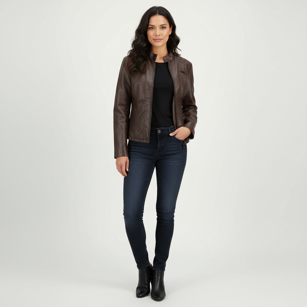 Elegant women's leather jacket with zipper details – Isaline