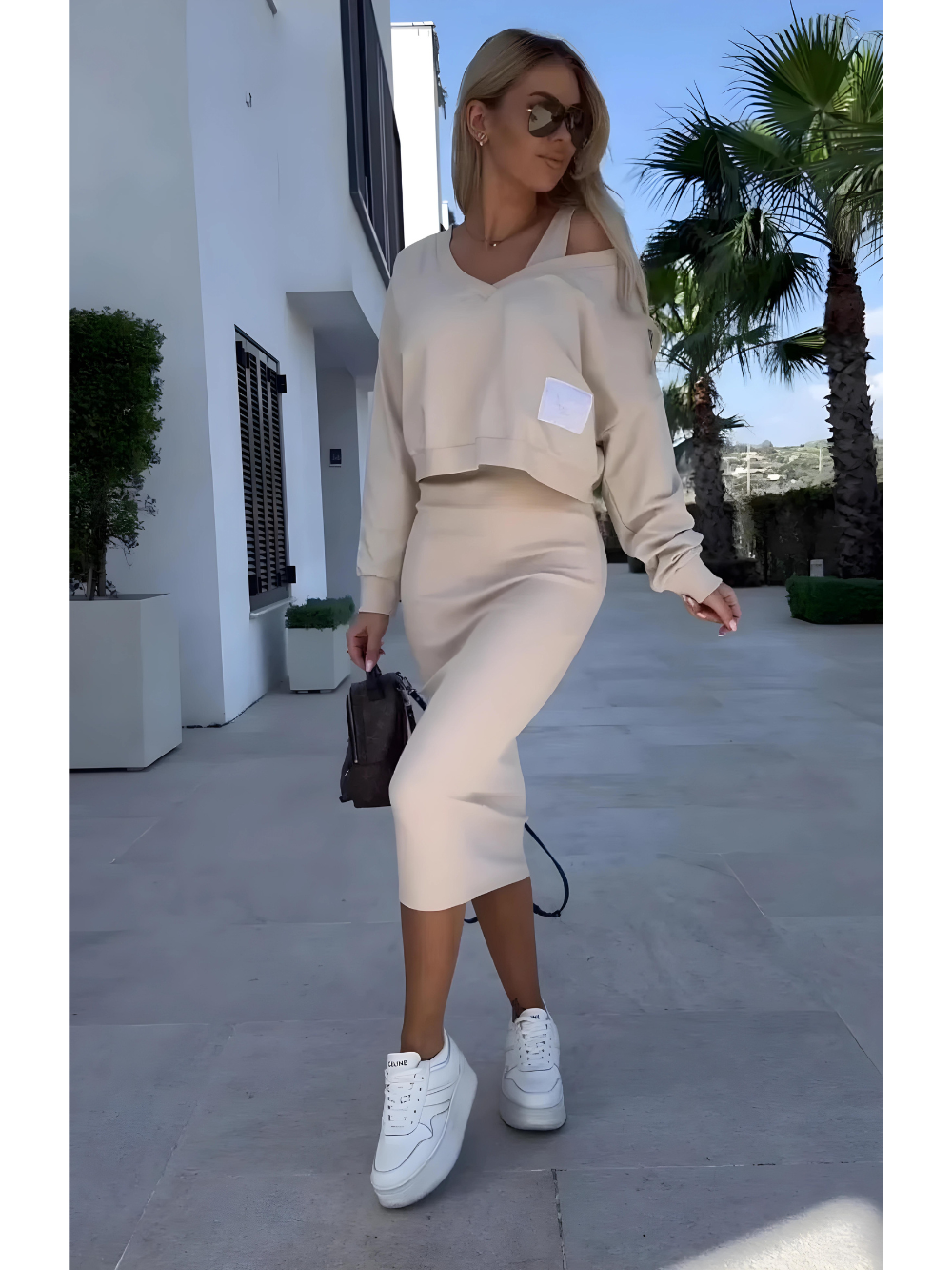 Elegante dames set met midi rok en off-shoulder top – Sabrina