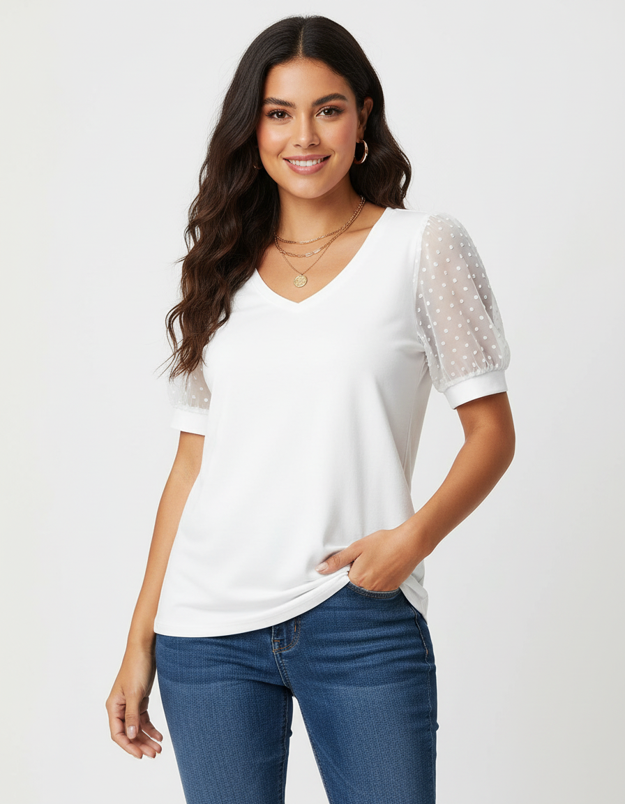 Elegante dames top met transparante stipmouwen – Elin