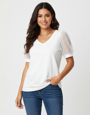 Elegante dames top met transparante stipmouwen – Elin