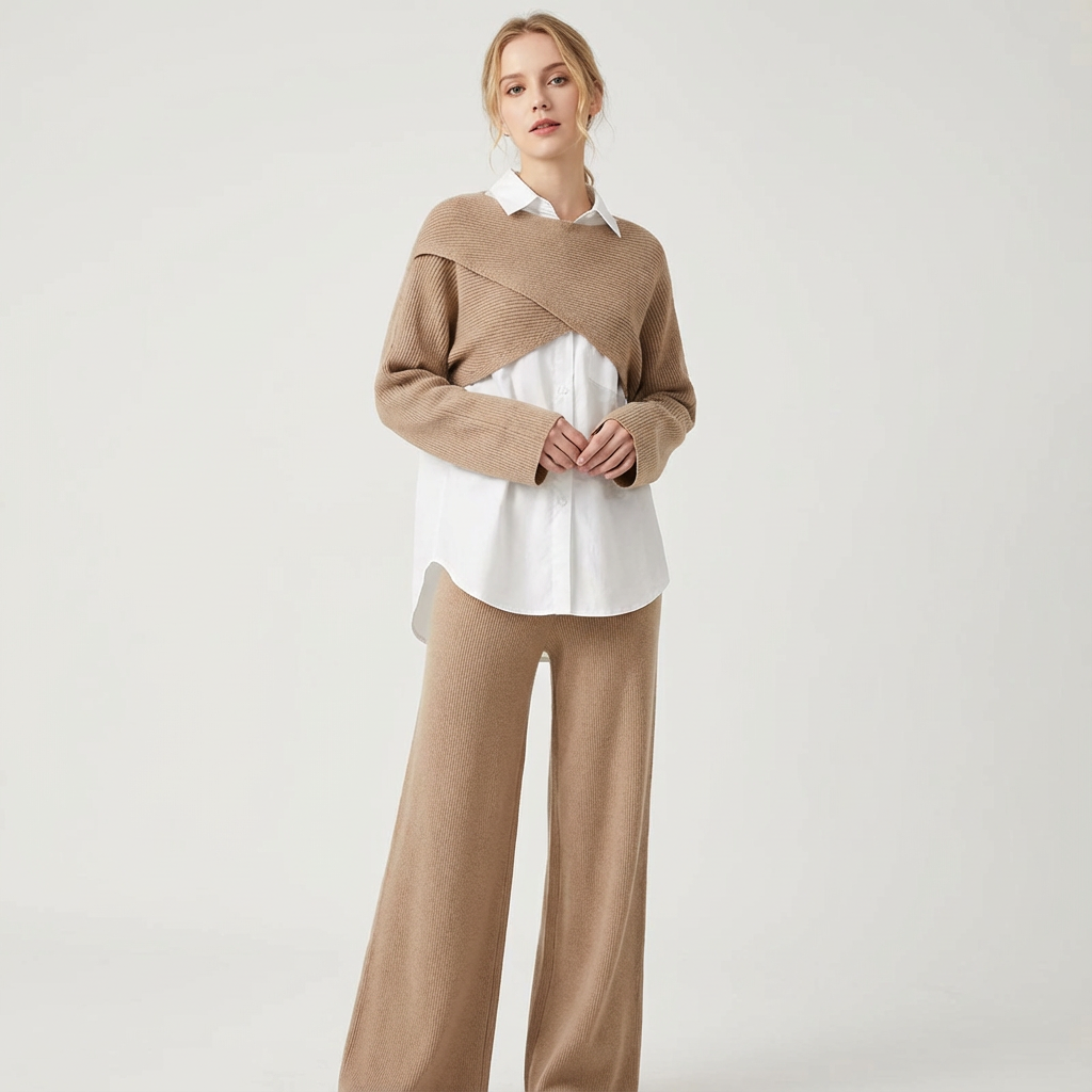 Elegante gebreide dames set met blouse en wijde broek