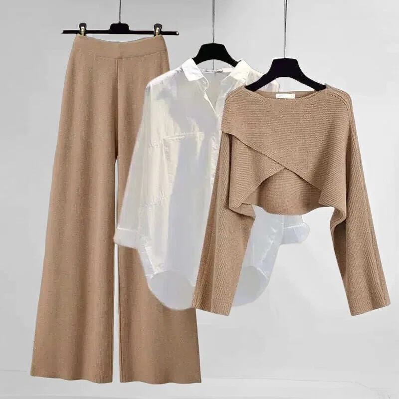 Elegante gebreide dames set met blouse en wijde broek