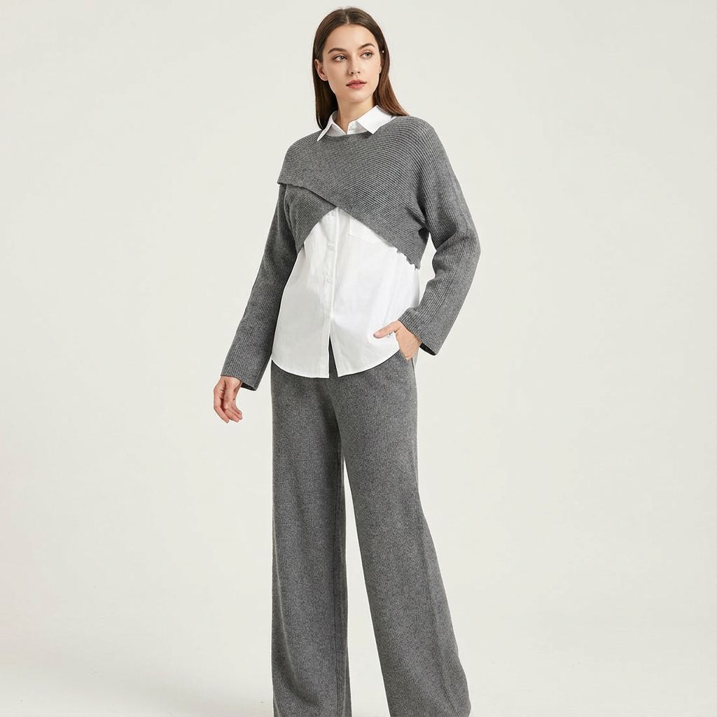 Elegante gebreide dames set met blouse en wijde broek