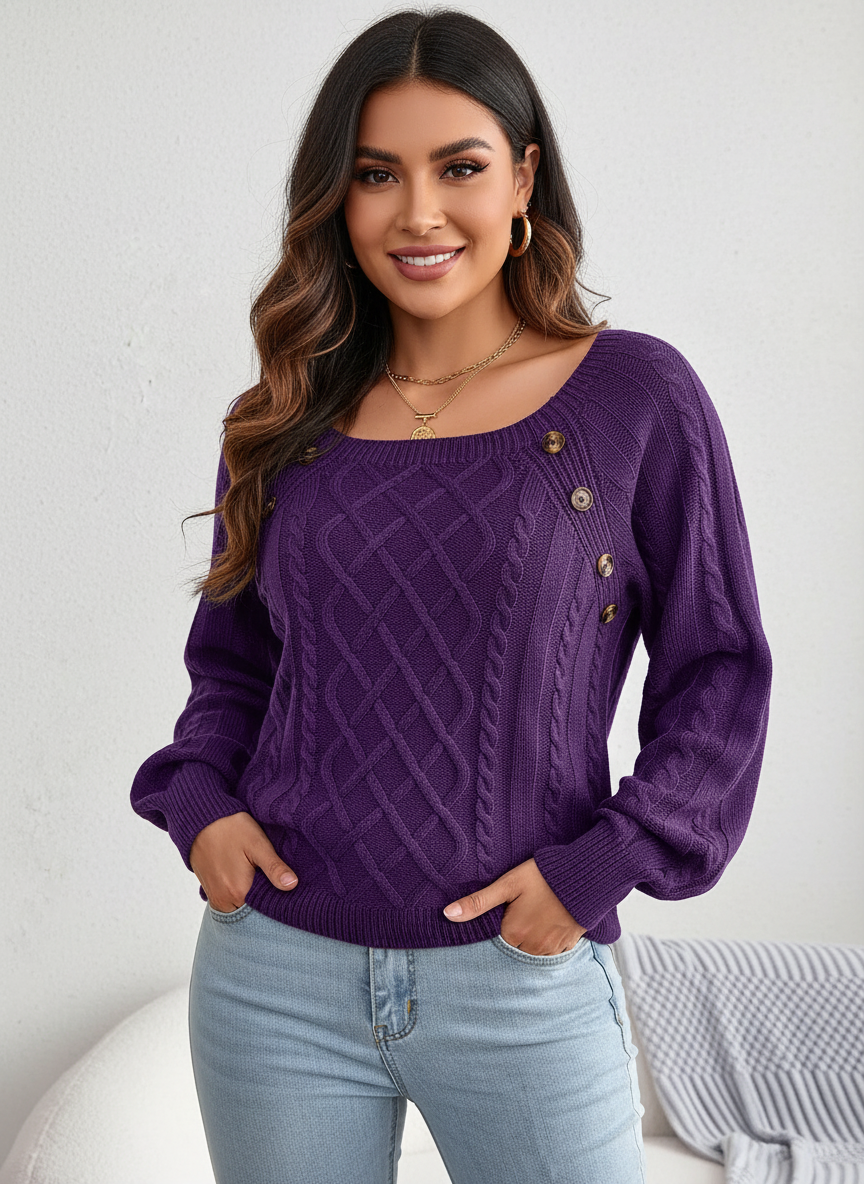 Elegante kabelgebreide damestrui met schouderknopen – Amélie