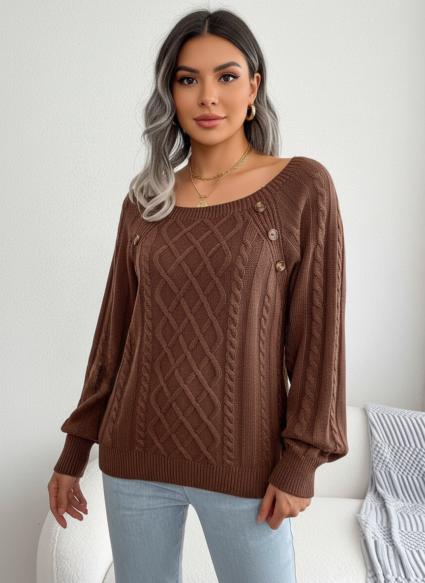 Elegante kabelgebreide damestrui met schouderknopen – Amélie