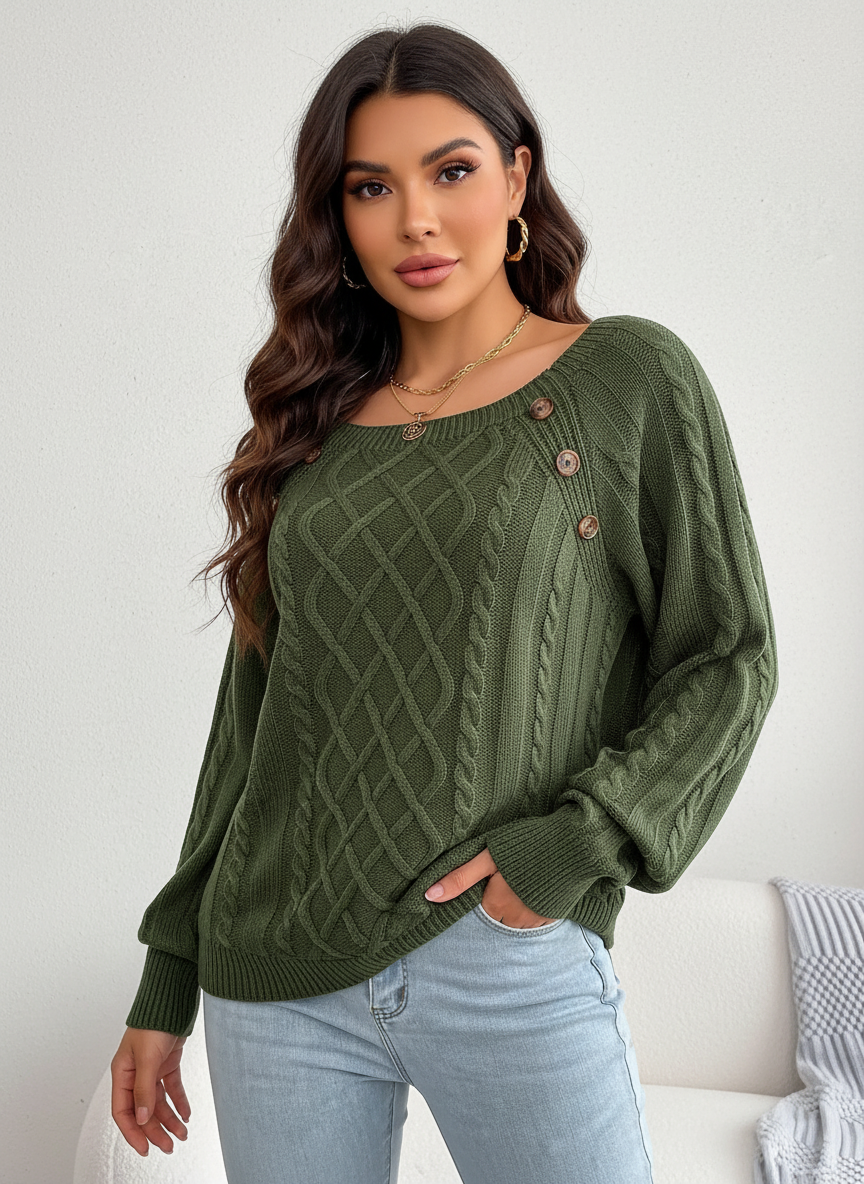 Elegante kabelgebreide damestrui met schouderknopen – Amélie