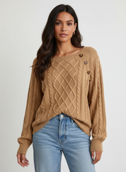 Elegante kabelgebreide damestrui met schouderknopen – Amélie