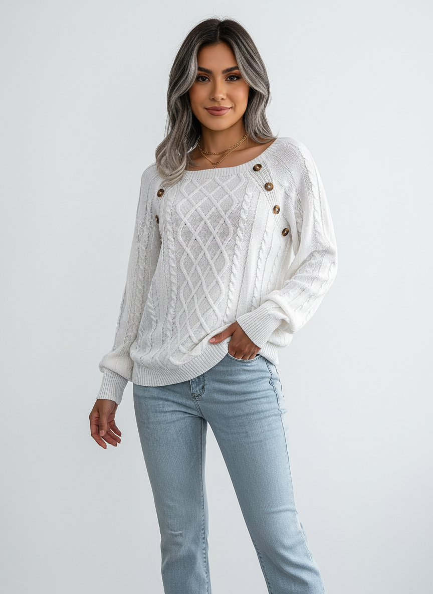 Elegante kabelgebreide damestrui met schouderknopen – Amélie