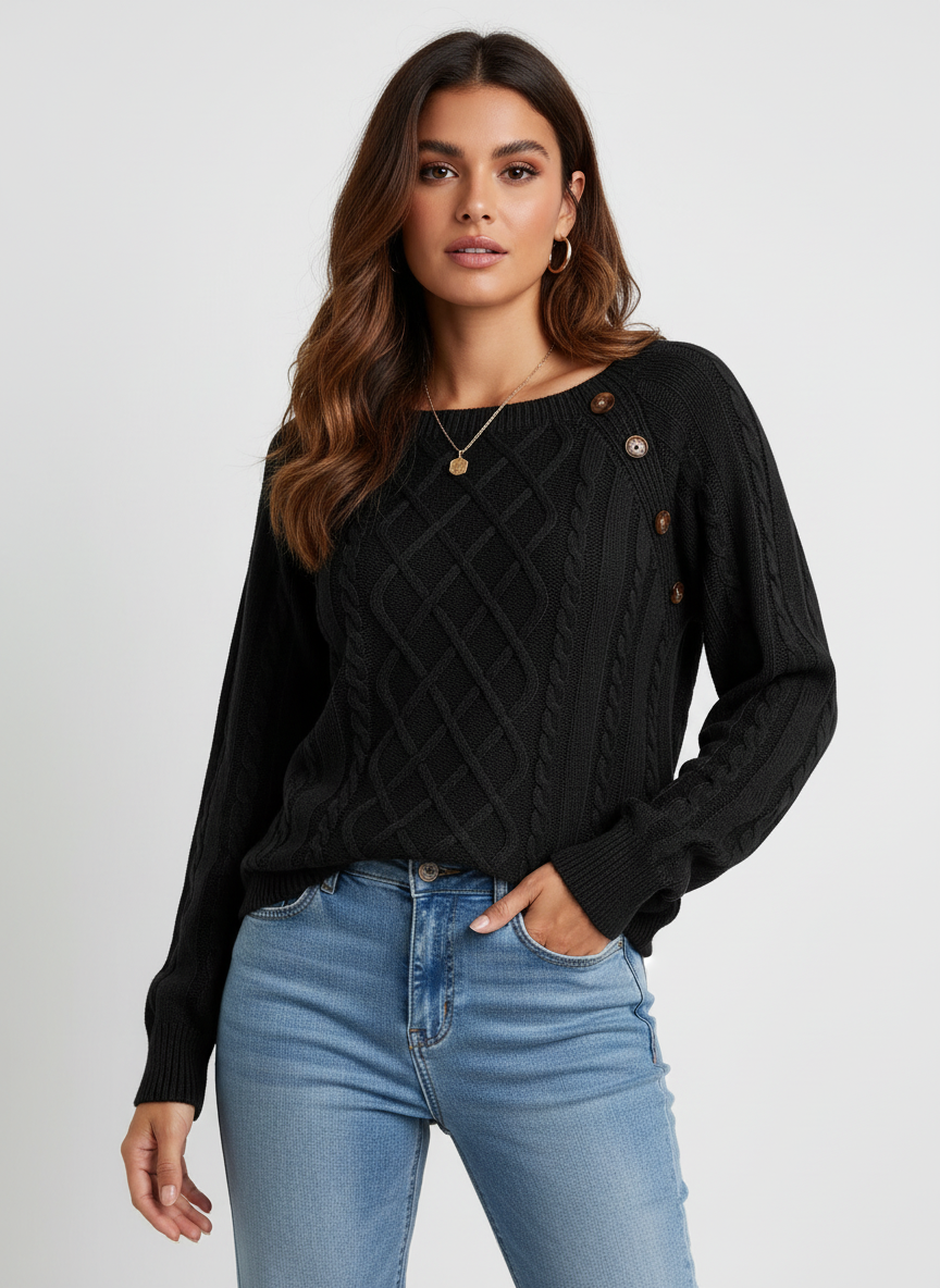 Elegante kabelgebreide damestrui met schouderknopen – Amélie