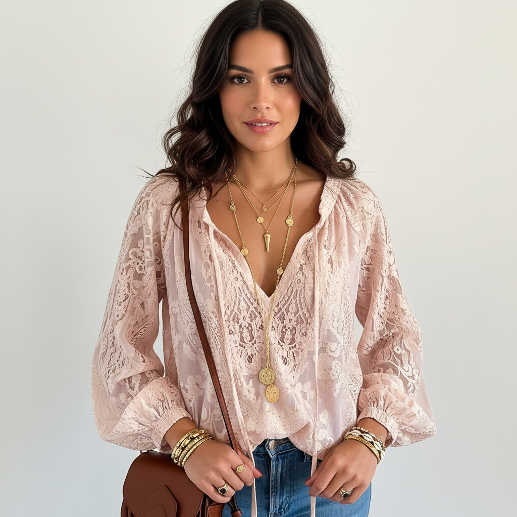 Elegante kanten dames blouse met strikdetail – Solène