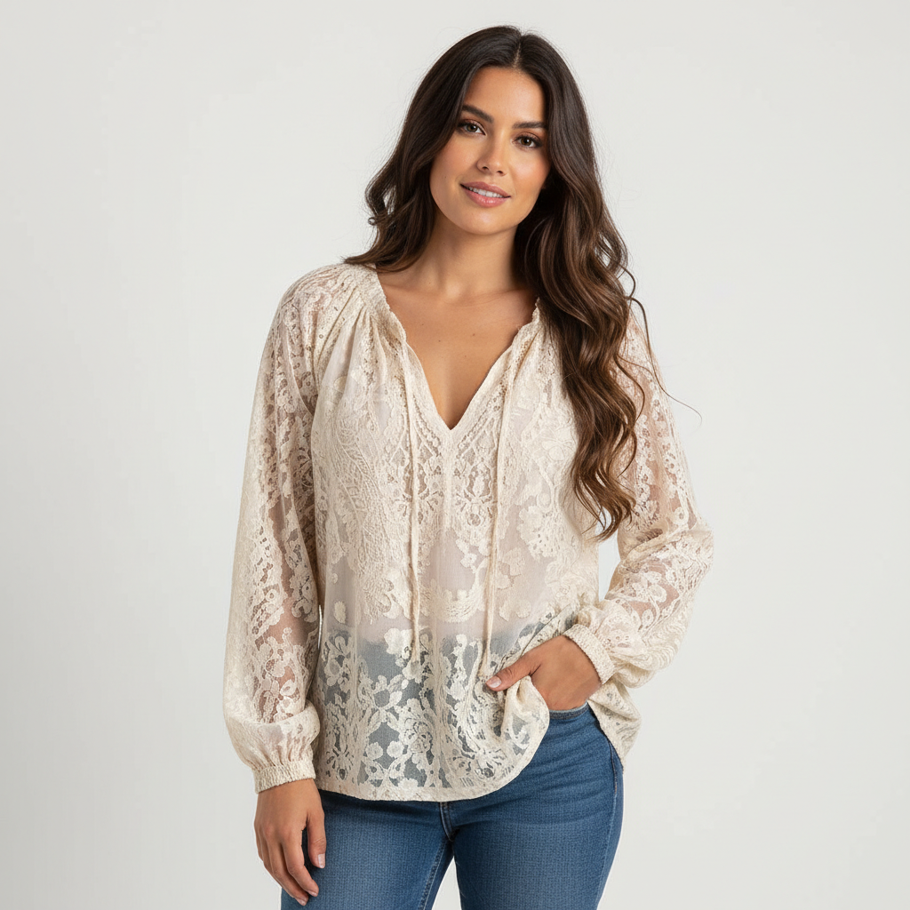 Elegant lace women’s blouse with bow detail – Solène