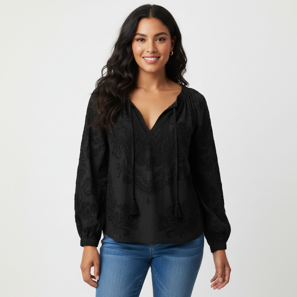 Elegant lace women’s blouse with bow detail – Solène