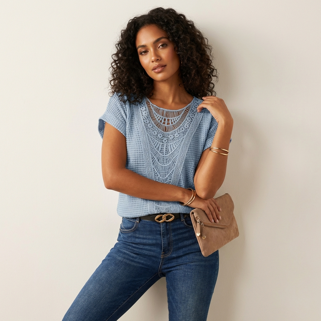 Elegant lace top with round neck and short sleeves – Isabella